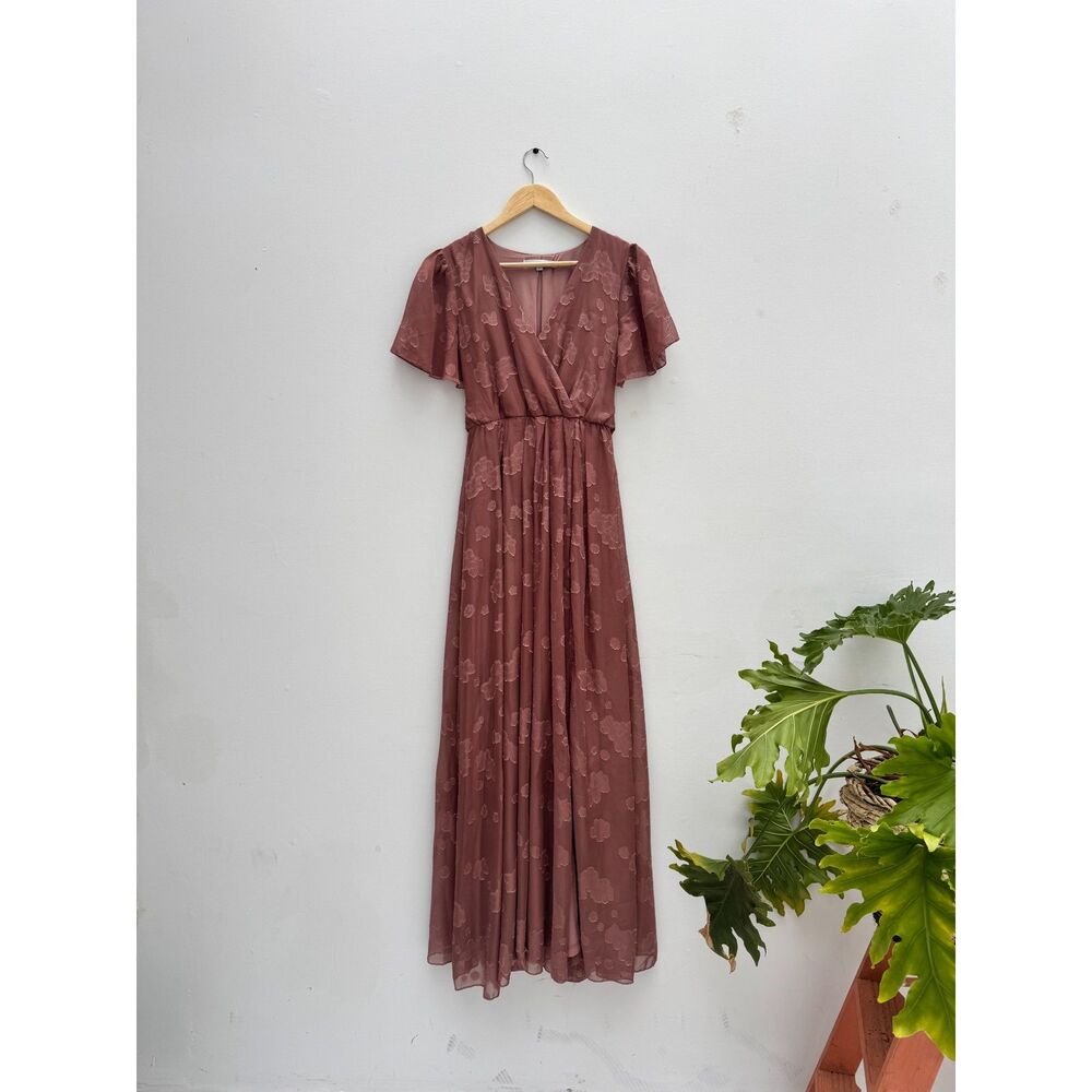 Baltic Born Evelyn Smocked Maxi Dress Mauve Floral Flutter Sleeve Size Small